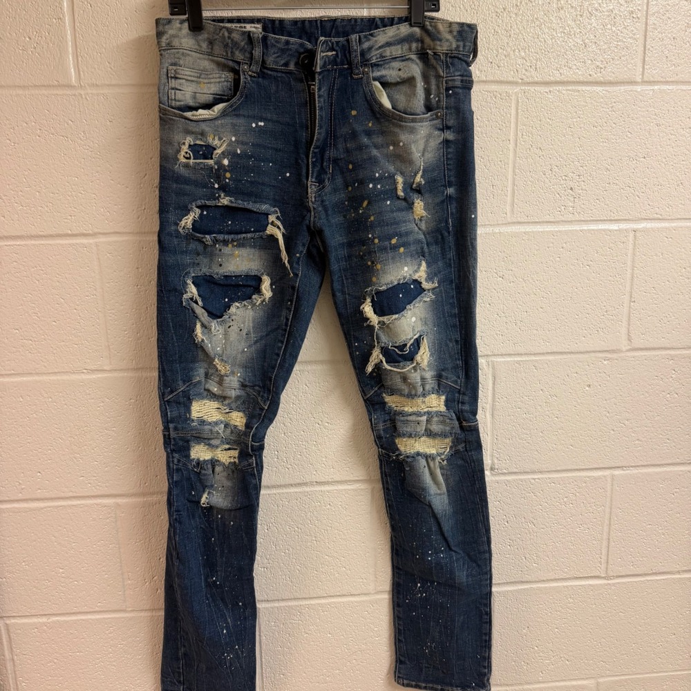 Smoke Rise Mens Moto Distressed Paint Splatter Slim Jeans 34 Blue Denim Urban